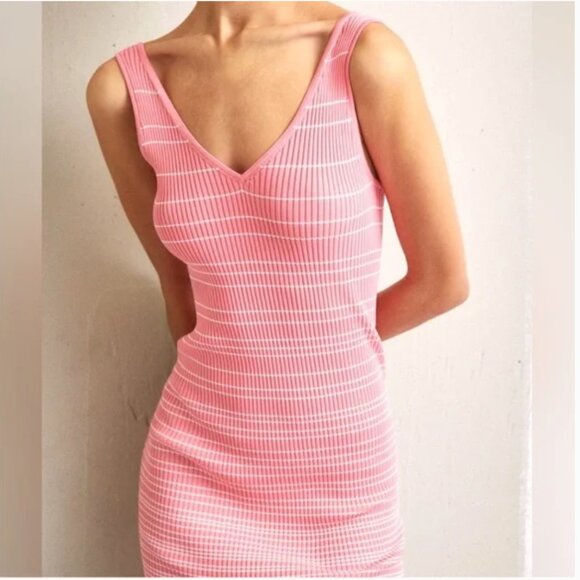 NWOT Staud Dana Dress Pink White Striped Ribbed Knit MIDI V-Neck Sleeveless XS - Picture 2 of 9